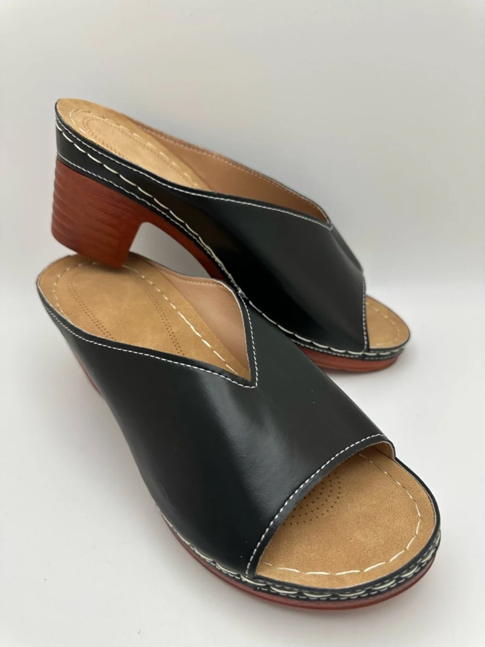 Unbranded Women’s Open-Toe Slide set of 2 sandals Black and Gold Wedge Mule Sz40 - Picture 5 of 17
